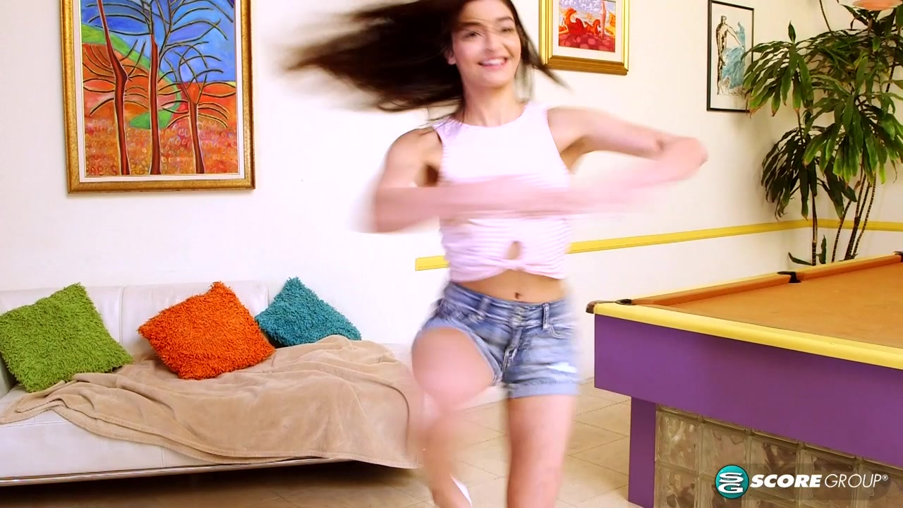 Pocket-sized teen Emily shows off her pool skills before rubbing her small boobs and fingering her hairless snatch on the felt.