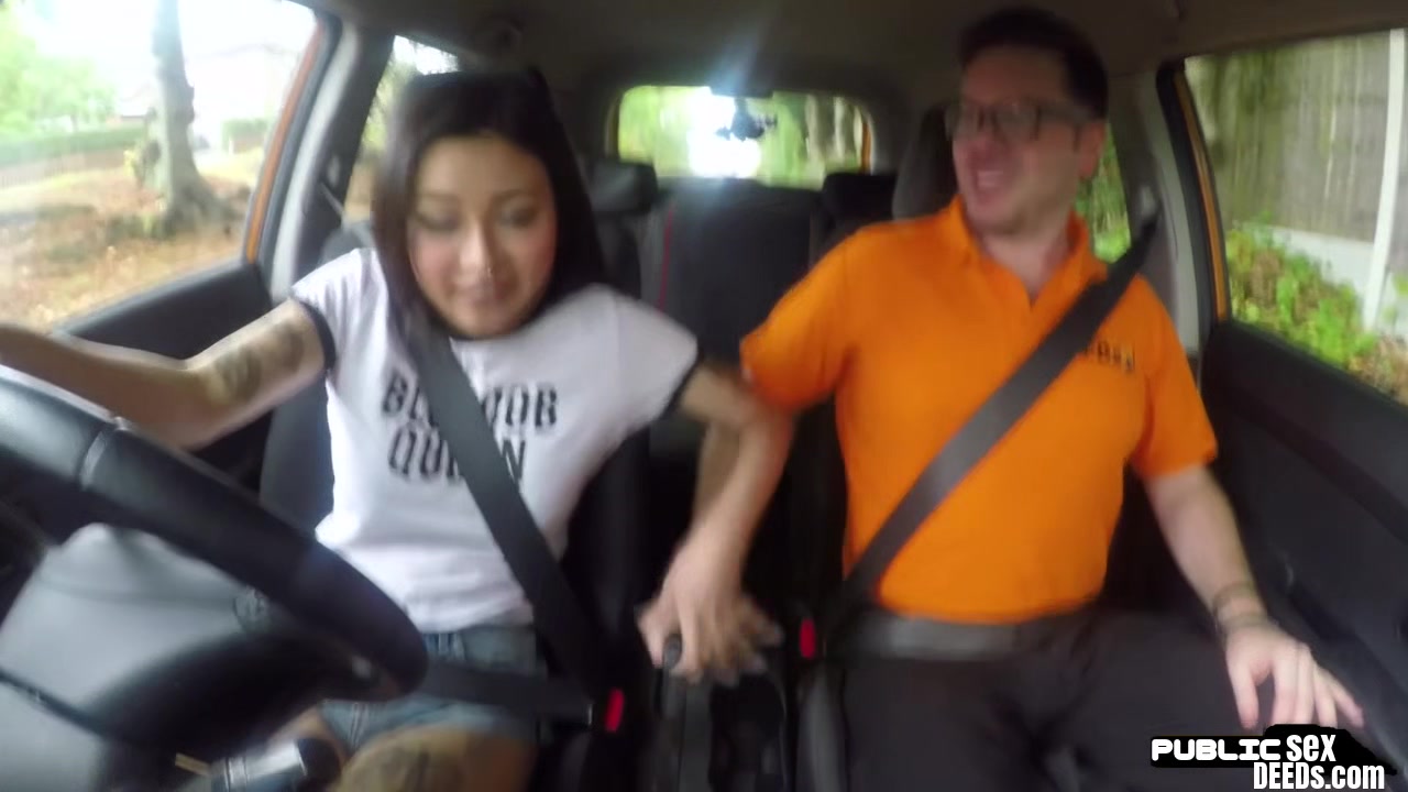 Asian driving student 18+ public fucked outdoor in car by tutor