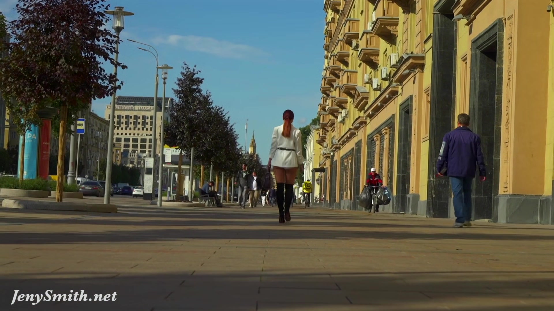Independent Woman. Jeny Smith in pantyhose without panties in public