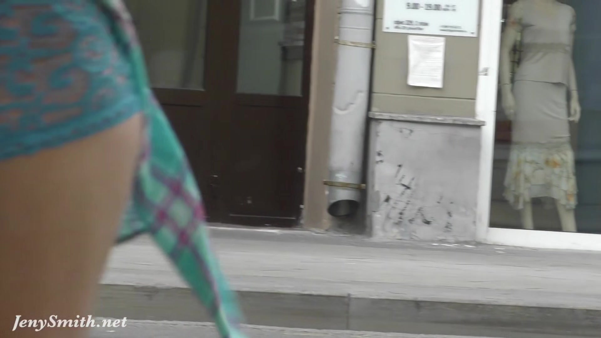 Jeny Smith walks in public with transparent shorts. Real flashing moments