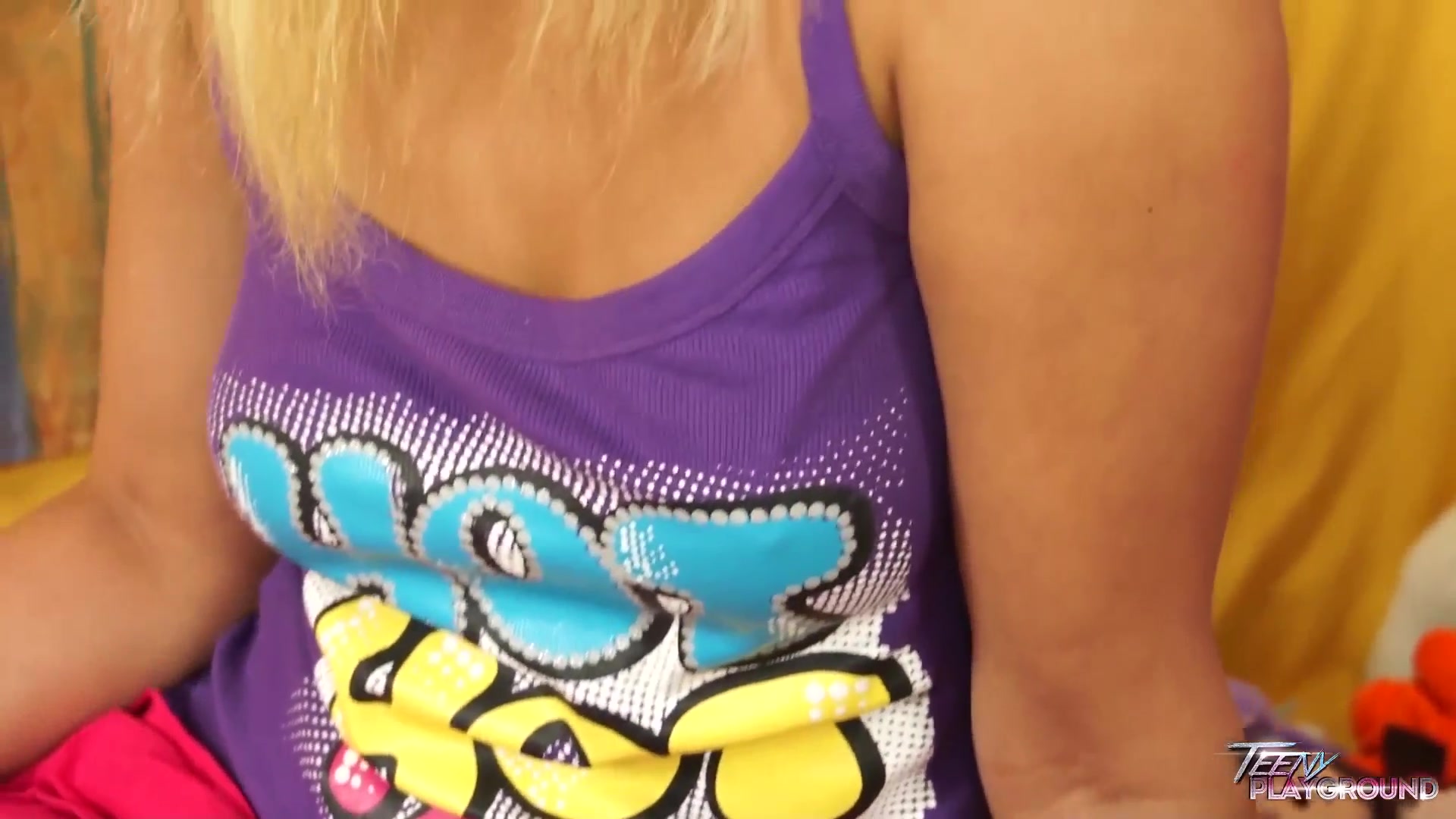 Blonde teenager 18+ gets her tits cum on - TeenyPlayground
