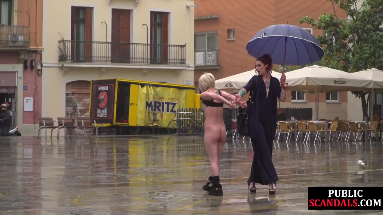 Public perverted naked slut seduced by BDSM lady outdoor