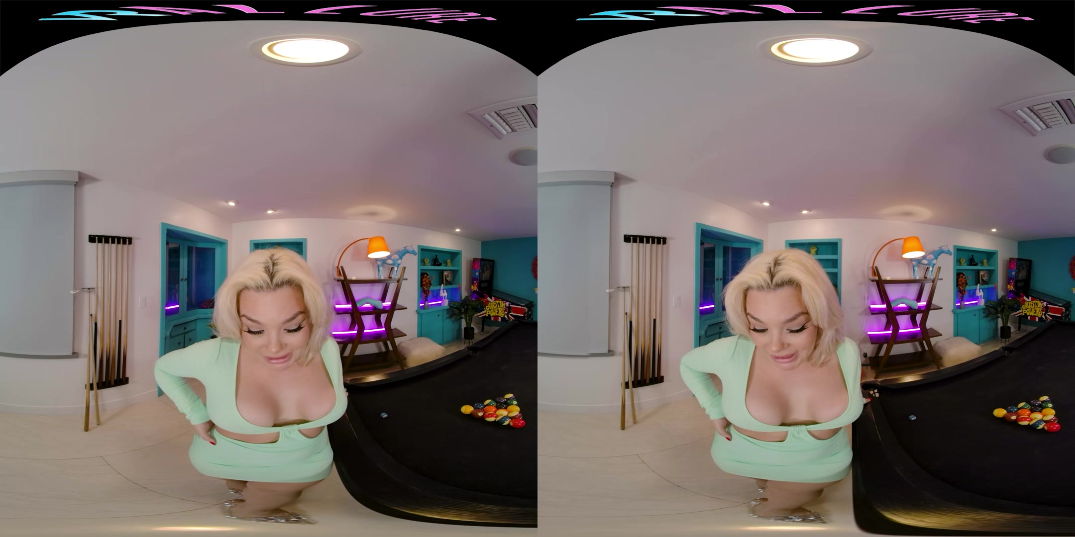 Seductive blonde with big boobs gives you a steamy show in VR