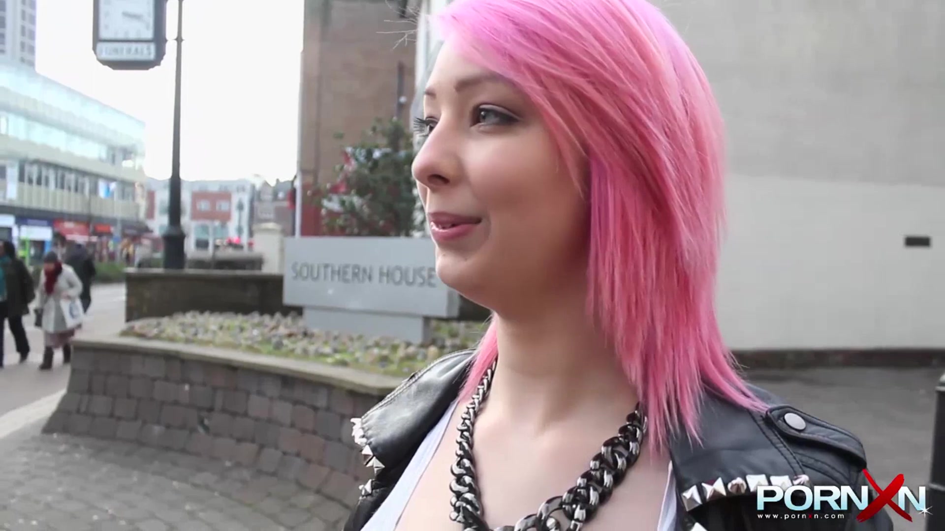 Pink hair slut flashing in public