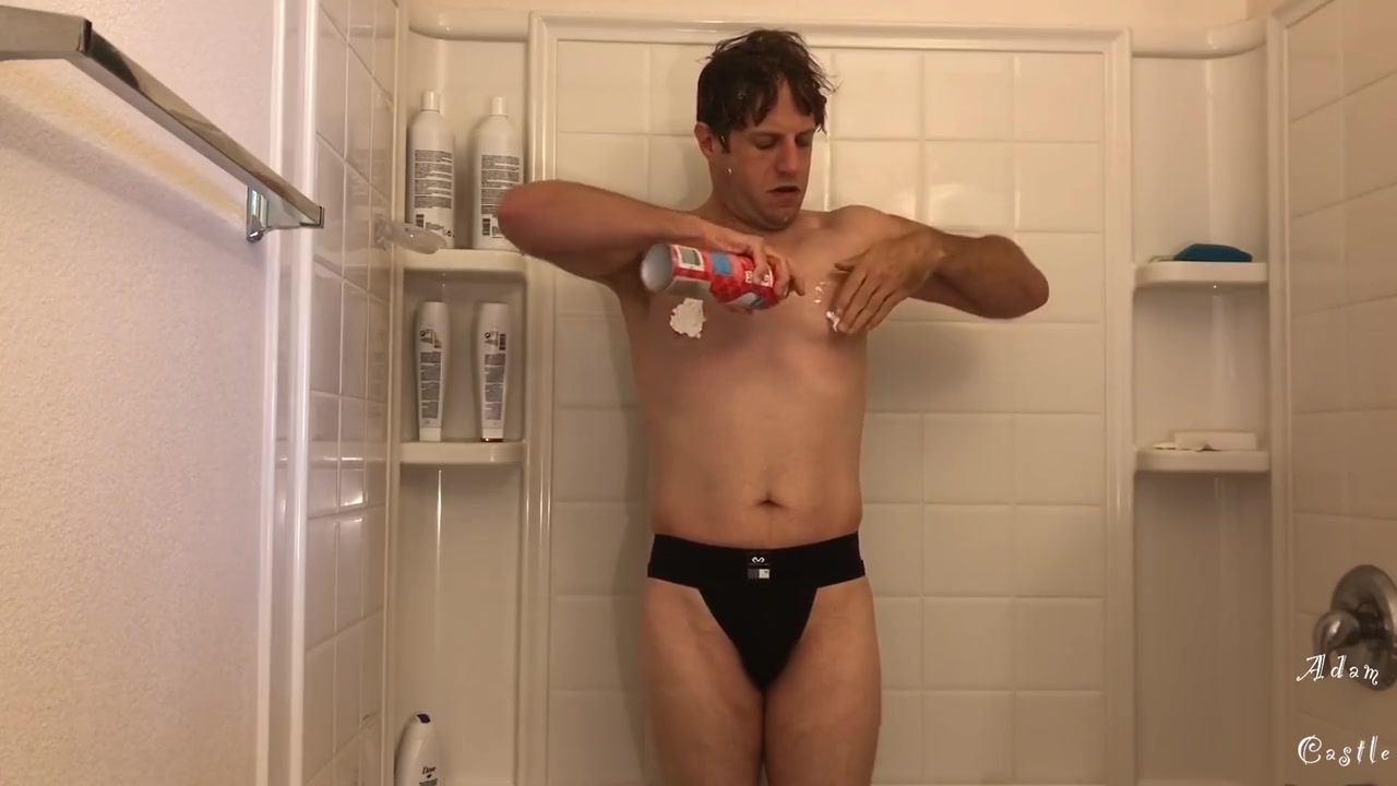 Dude In Jock Takes A Whipped Cream & Chocolate Shower