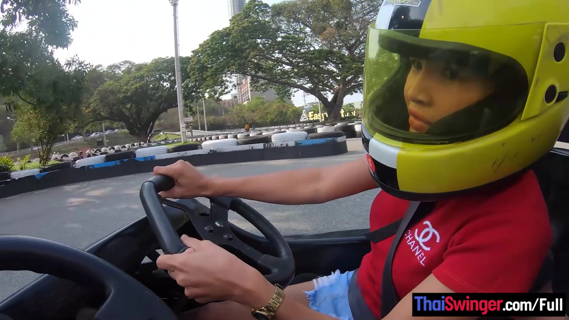Big fake tits amateur Thai teen 18+ go karting and sex with her boyfriend