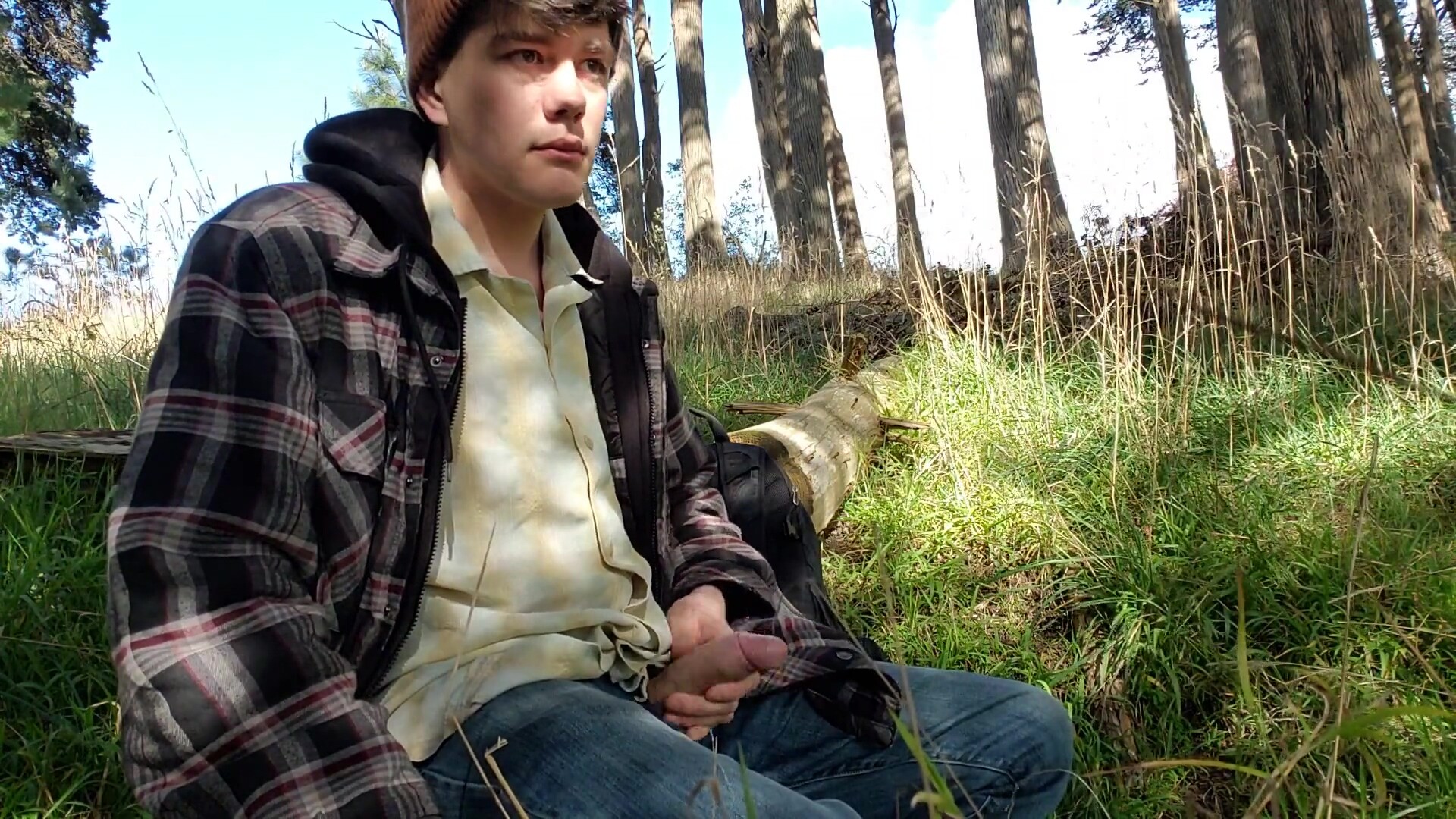 Boy stops jacking off to piss in the woods