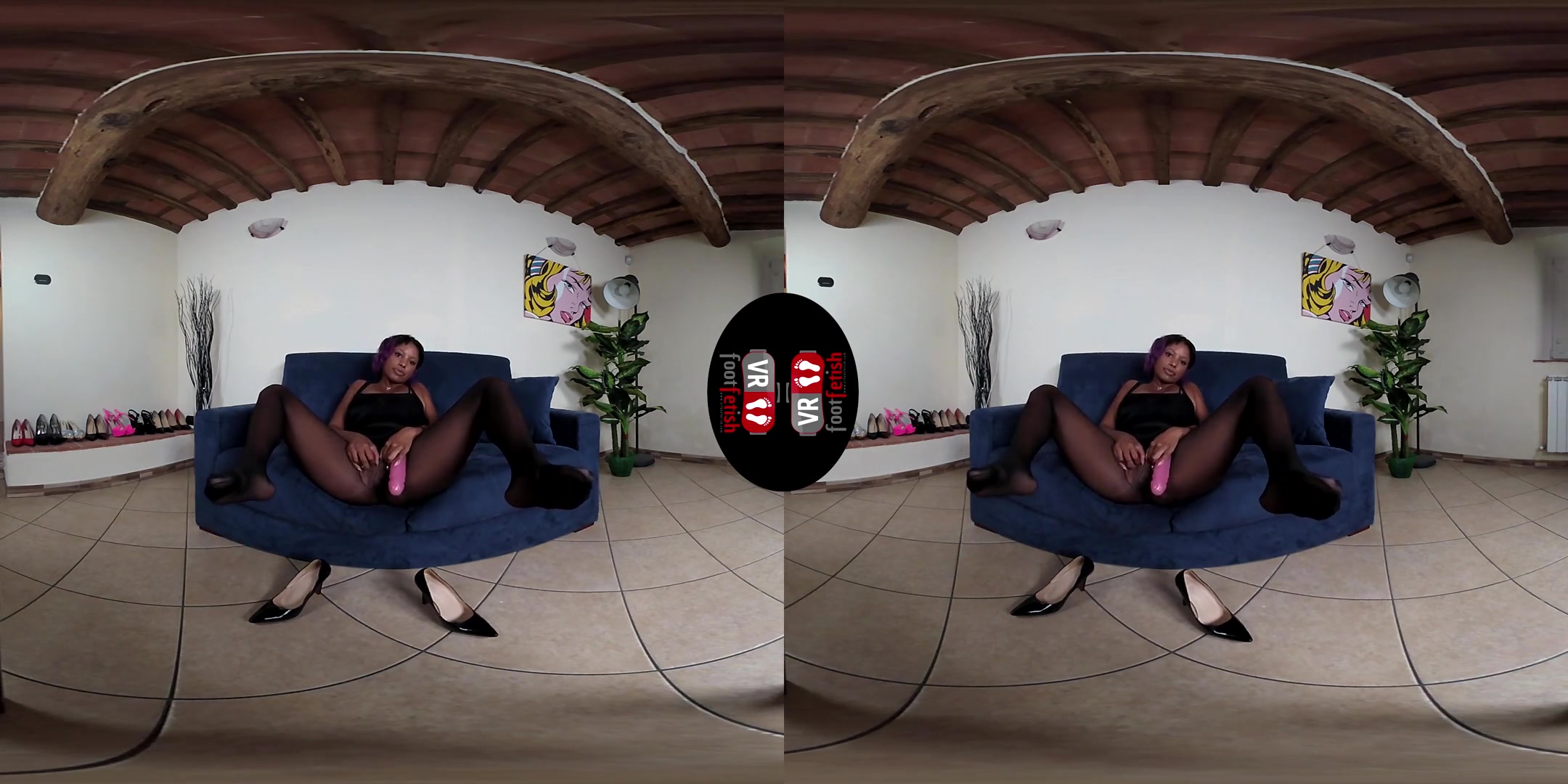Hottie Janelle Plays With Pink Double Dildo In Black Nylons; Big Tit Black Babe with a Double Ended Dildo Leg and Foot Fetish VR