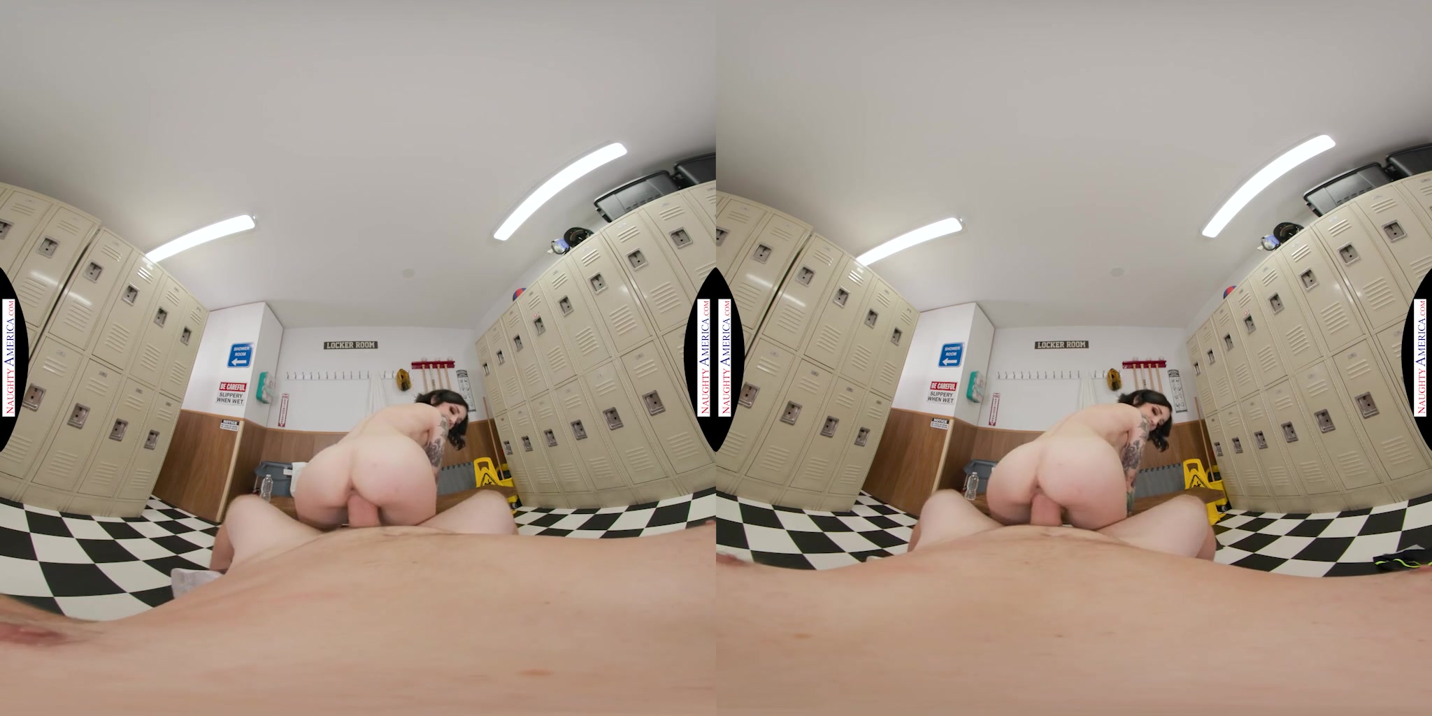 Stevie Moon spots her crush at the gym and follows him into the locker room to get her pussy filled