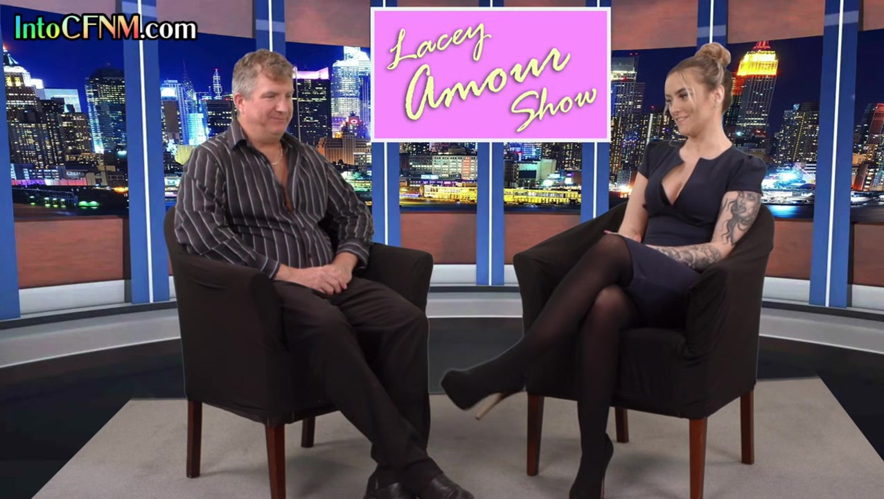 CFNM femdom TV host babe sucks and wanks guests cock