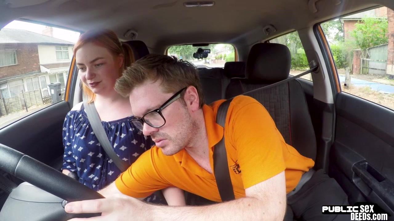 Bigass ginger throats and rides driving tutor in car
