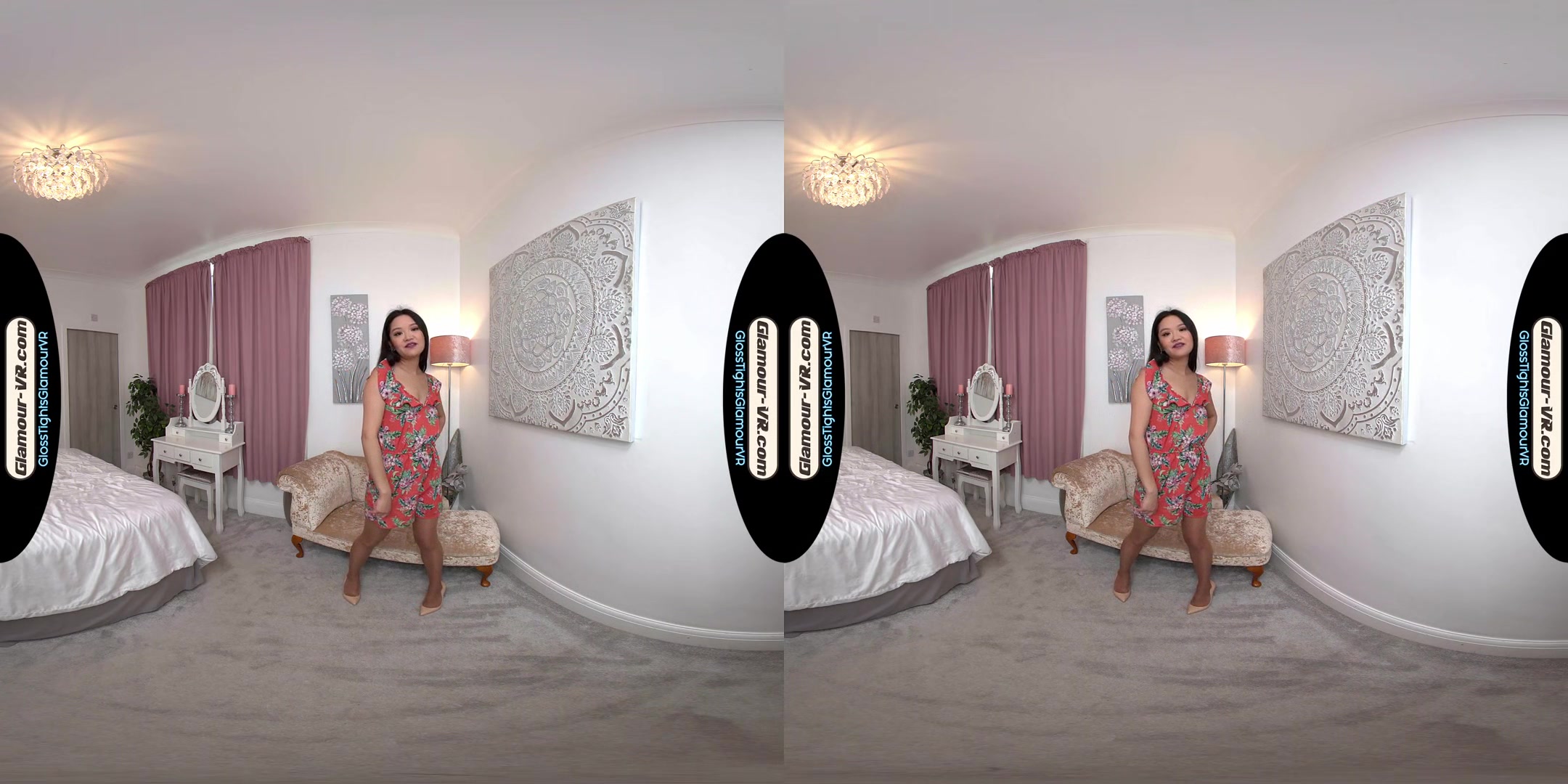 Louisa Lu Red Floral Dress With Tan Crotchless Glossy Legwear & Joi Treat - 8k Vr