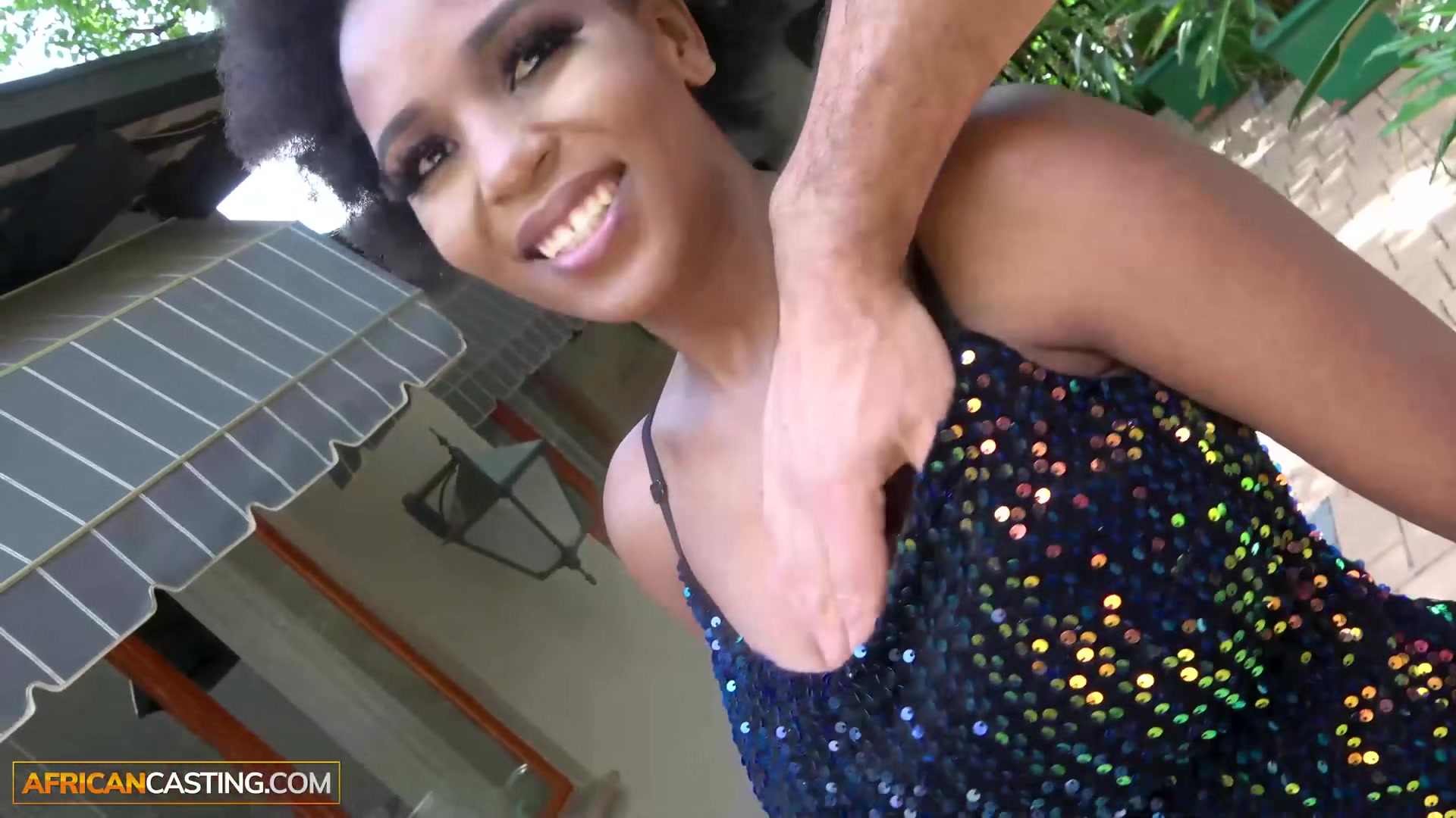 African Casting - Busty Ebony In Sequin Dress Impressed By The Size