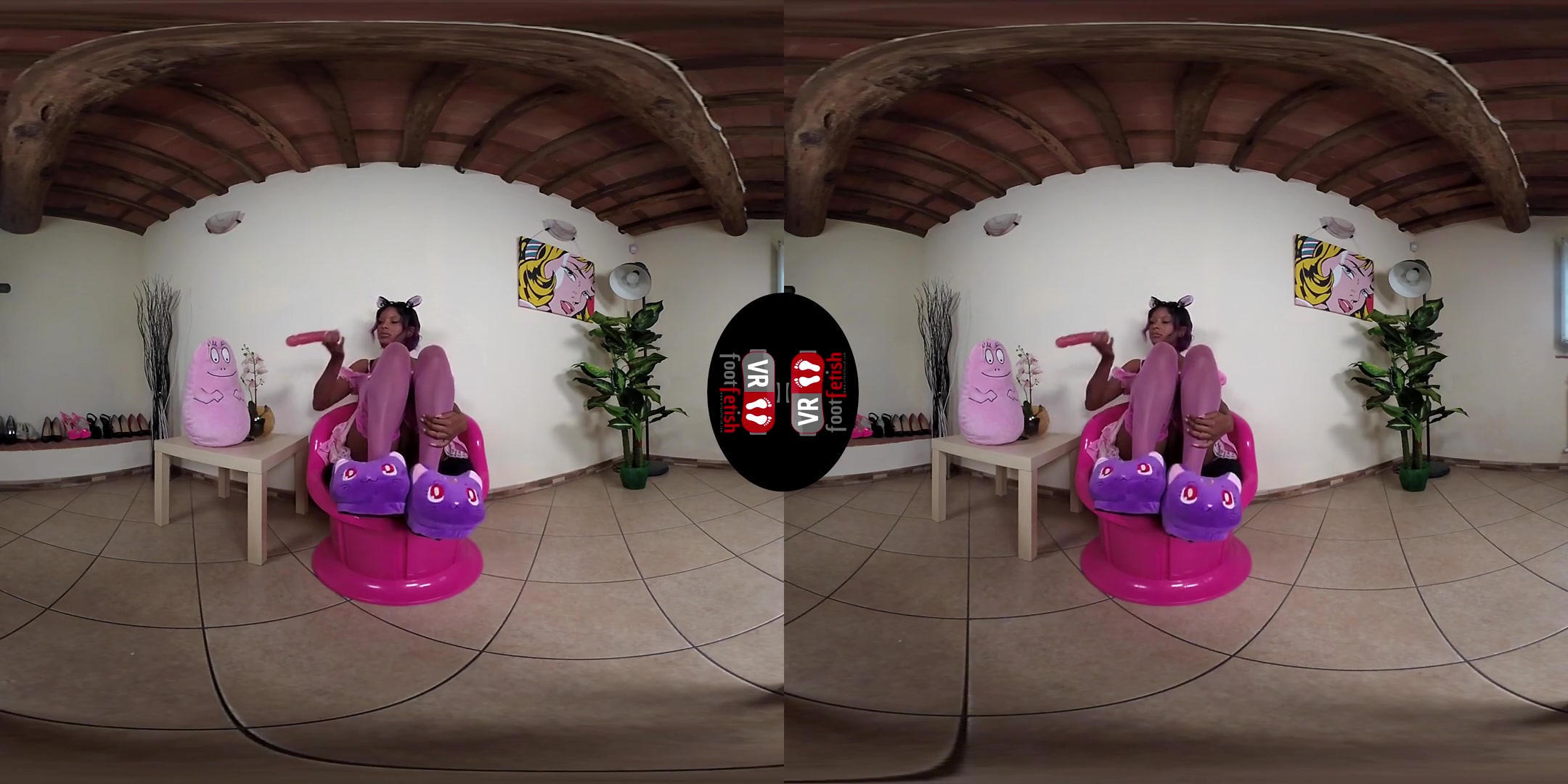 Hot Brunette Janelle Plays With Dildo Dressed In Pink Stockings With Kawaii Slippers; Ebony Babe in Kitty Cosplay Foot Fetish VR