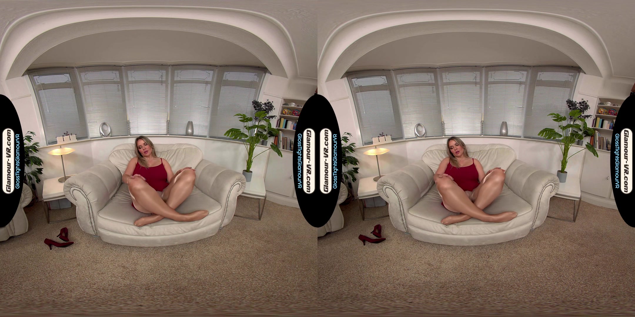 Siobhan Graves Red Party Dress With Tan Glossy Tights/Pantyhose Treat - 8k Vr