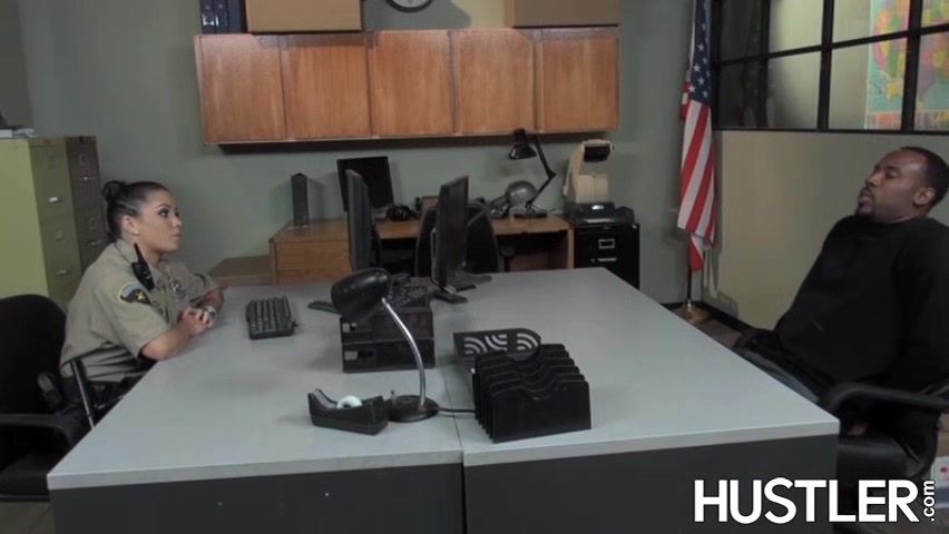 Policewoman Charity Bangs facialized in office interracial