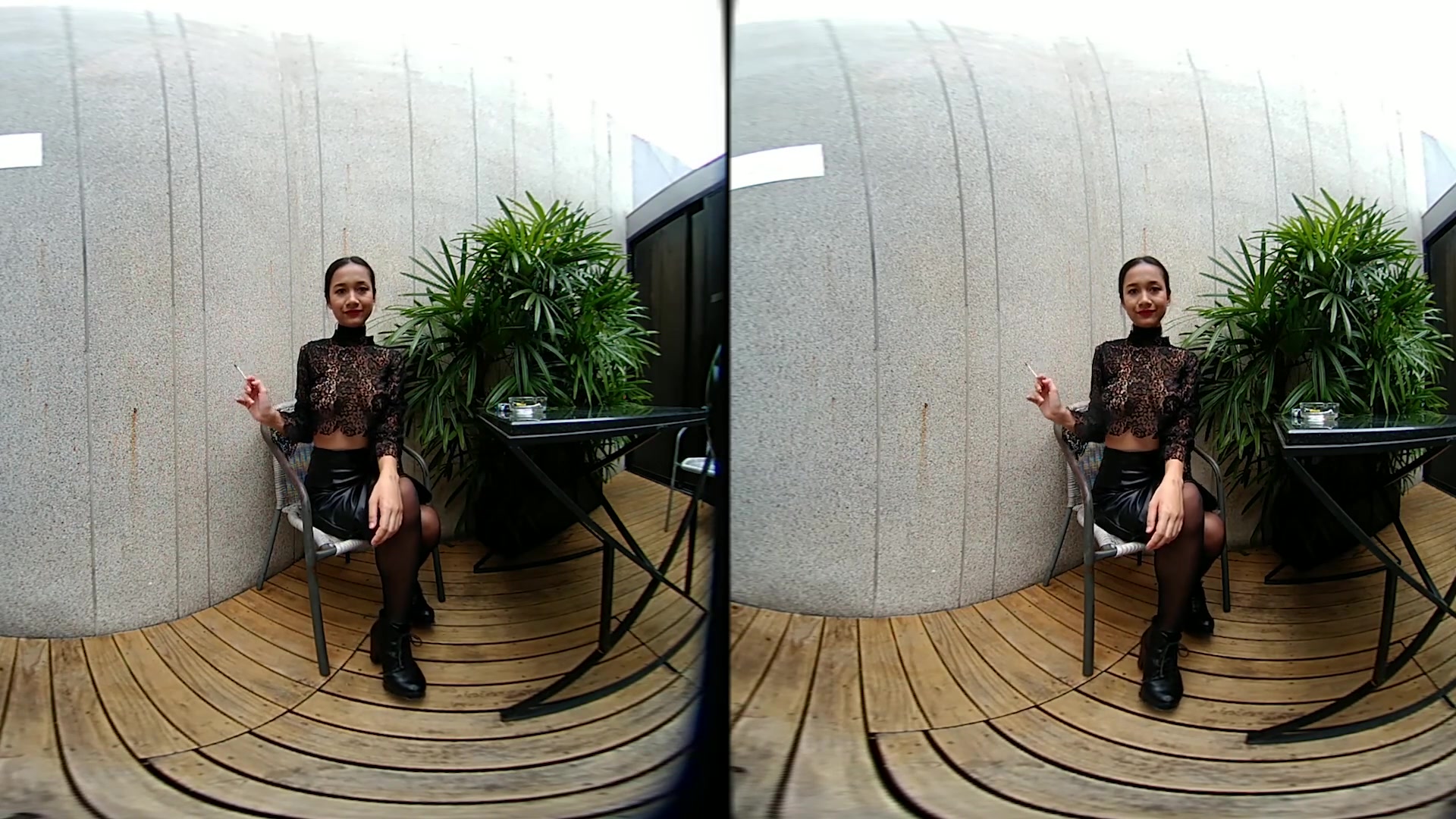 Young Girl Smokes Topless And In Leather Skirt - VRpussyVision