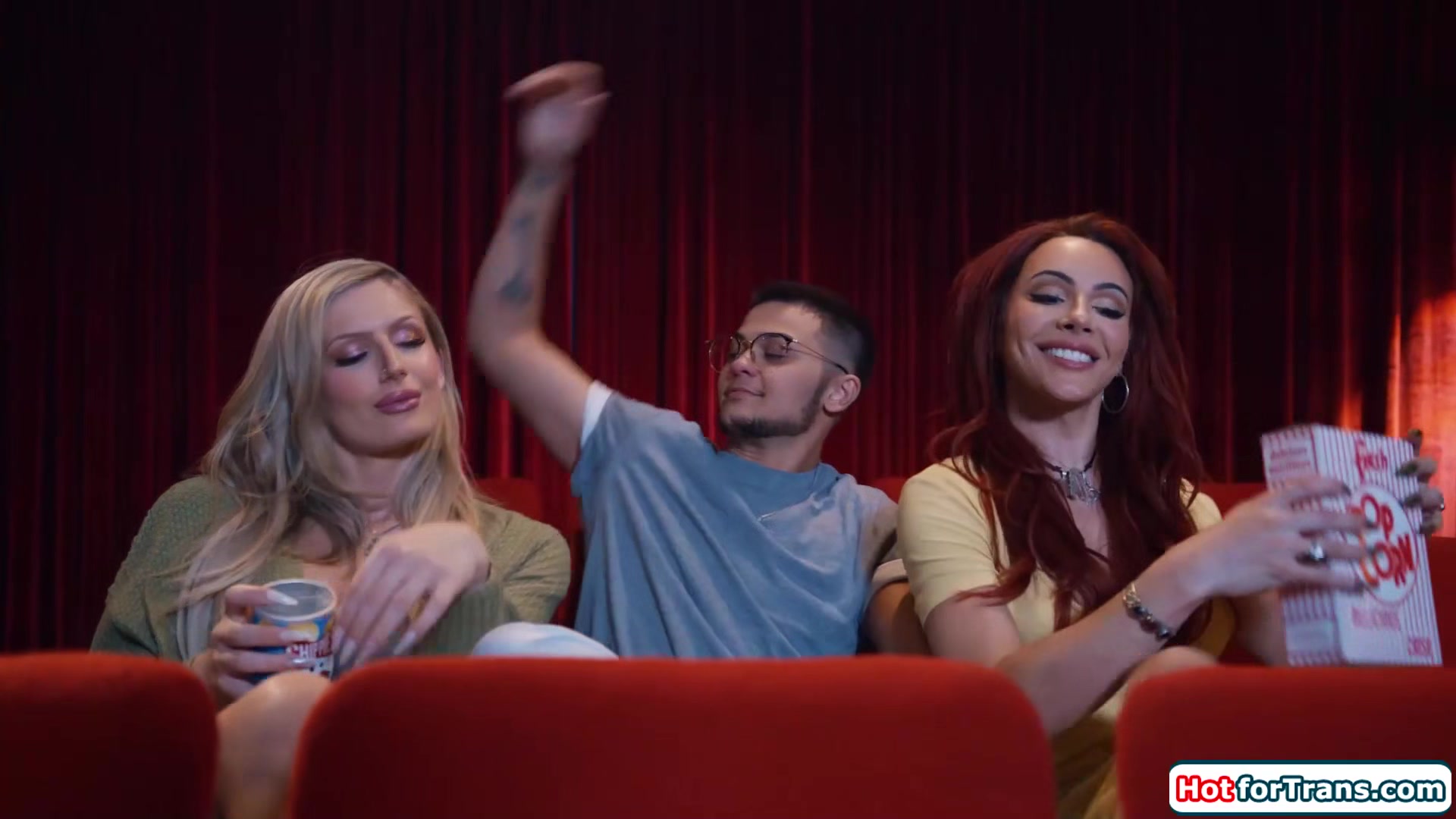 Two big tits shemales fuck a trans mans pussy at the cinema
