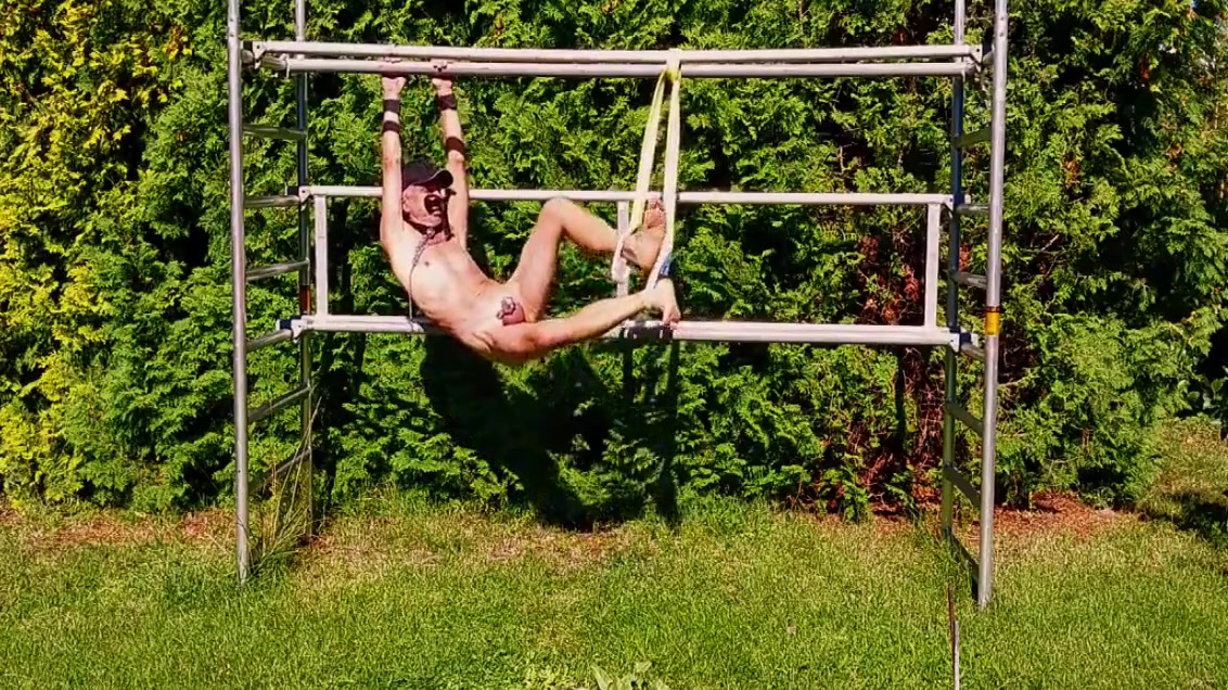 Uncut, Unmasked Slave Exposed Outdoor In Penis Cage Doing Fitness Tied Up Bdsm 4 Min With Solo Boy