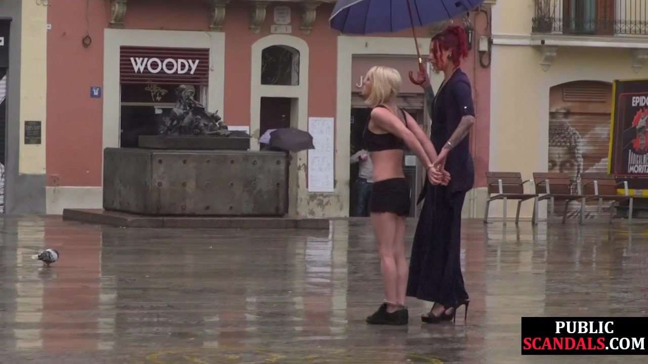 Public perverted naked slut seduced by BDSM lady outdoor