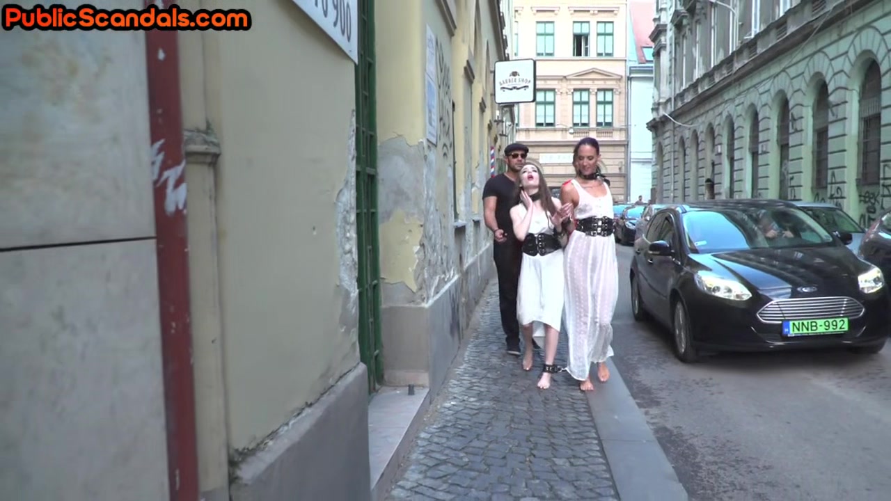 Submissive sluts fucked and humiliated in public orgy