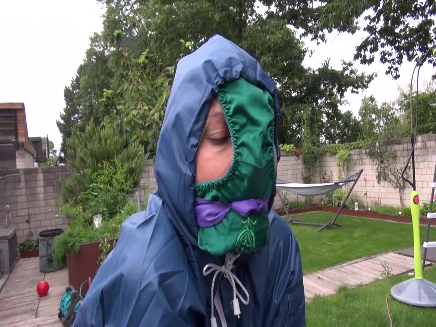 Watch Sandra Beeing Bound, Gagged With A Pantyhood In Her Oldschool Rainsuit