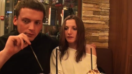 Cutie strips and sucks dongs in the cafe