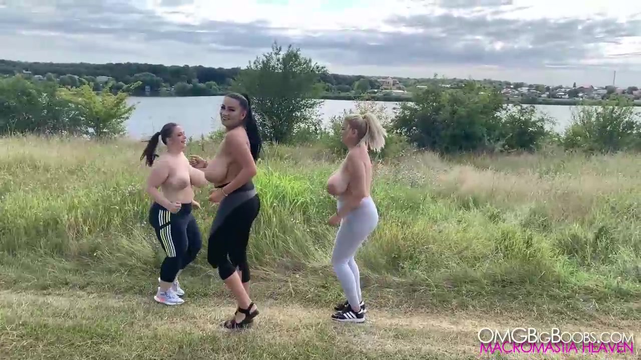Helen Erin and Mia topless busty jogging