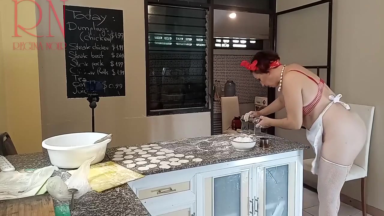 Regina Noir In Nudist Housekeeper Cooking At The Kitchen. Naked Maid Makes Dumplings. Naked Cooks. Bra 2