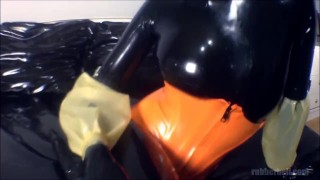 POV shiny latex layered doll on my rubber bed