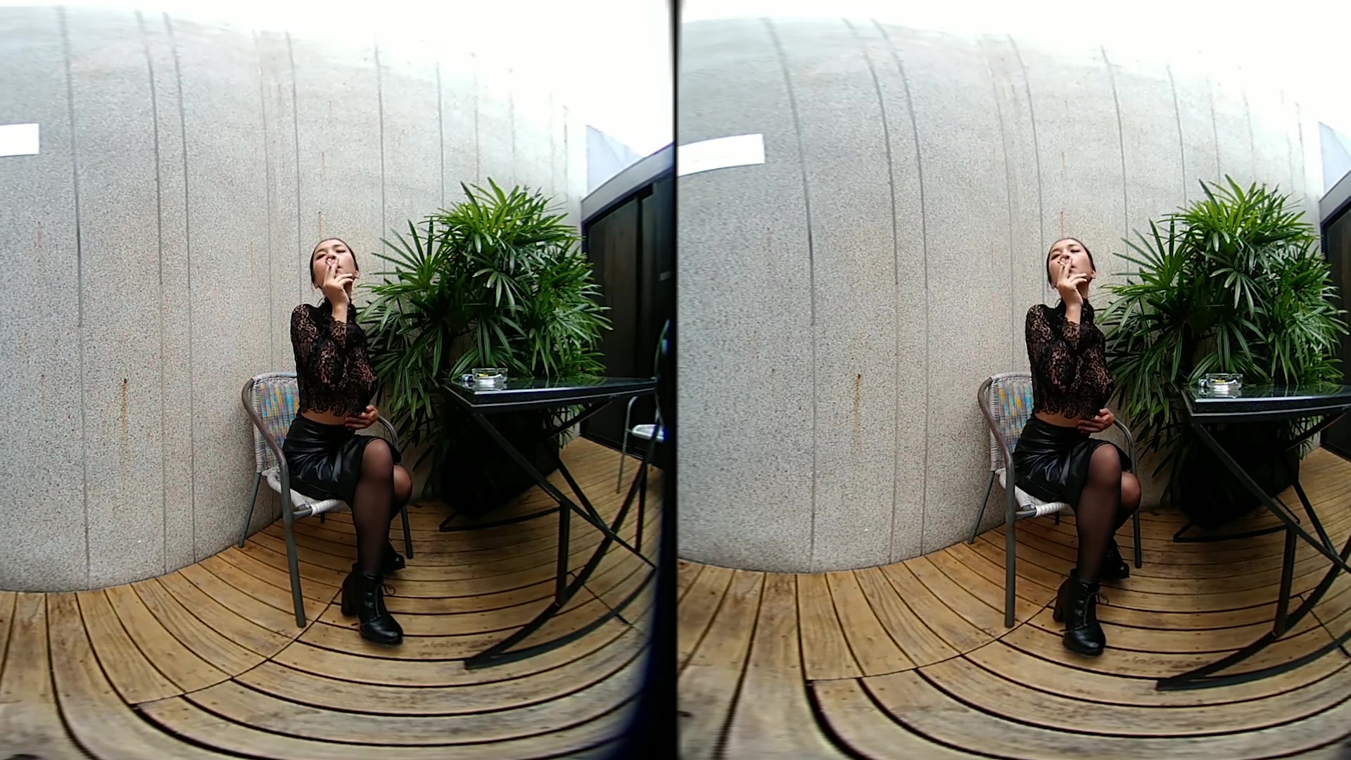 Young Girl Smokes Topless And In Leather Skirt - VRpussyVision