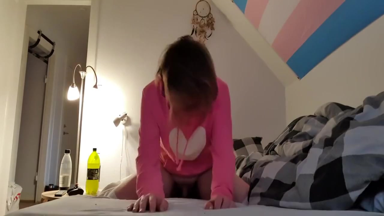 Cute femboy riding dildo while wearing cute pink hoodie
