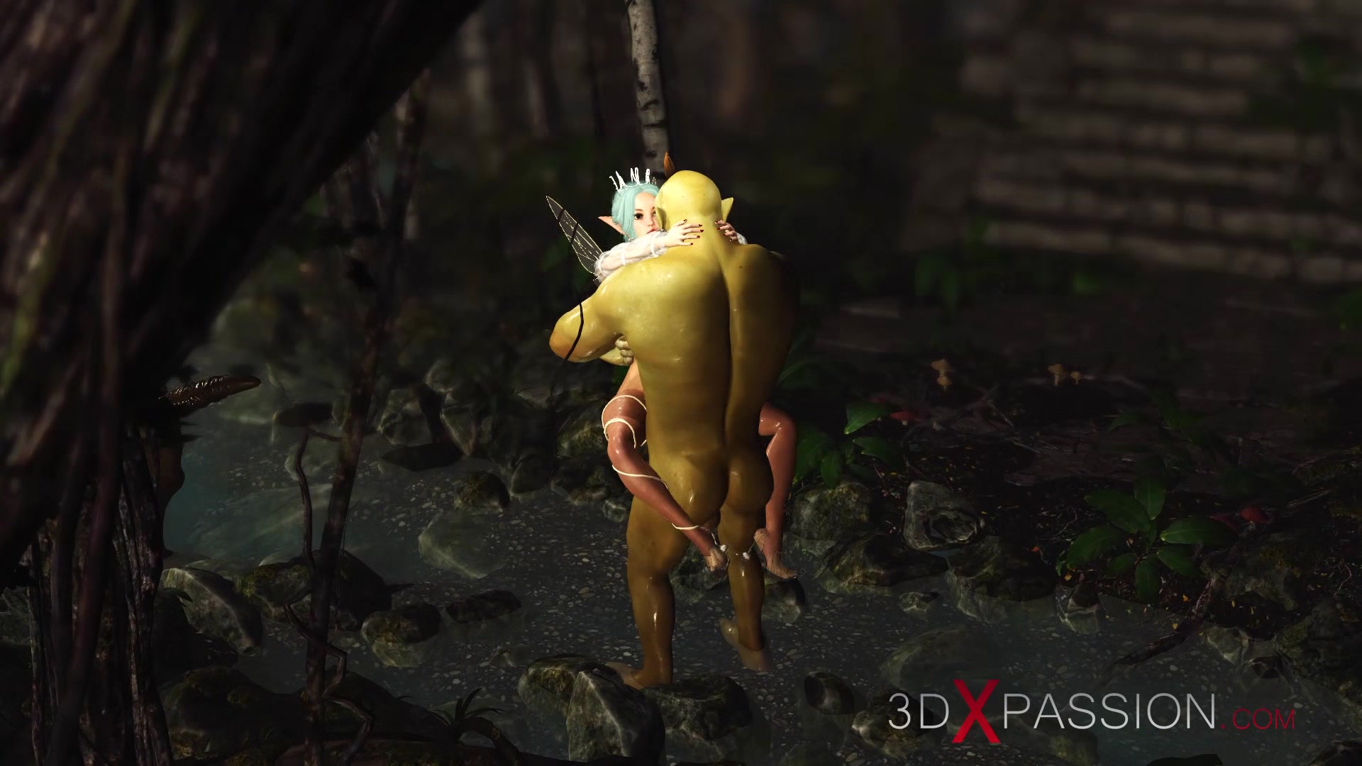Threesome with a beautiful hot fairy and two orcs in the night forest