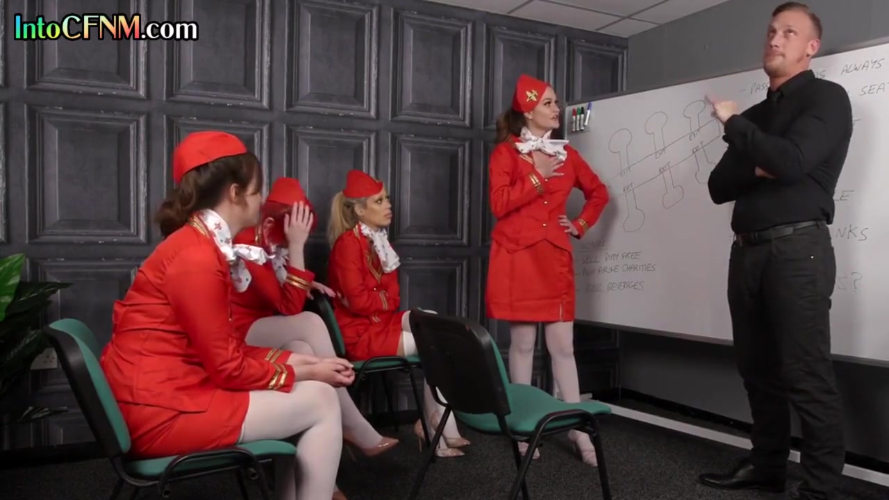 Cfnm Flight Attendants Tugging New Supervisor