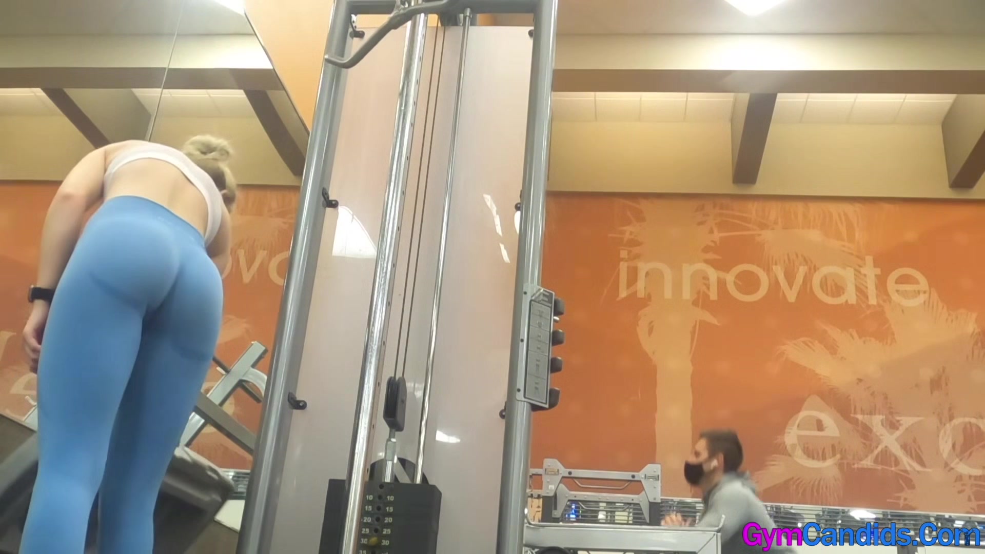 Gym Candid Blonde in Blue Leggings