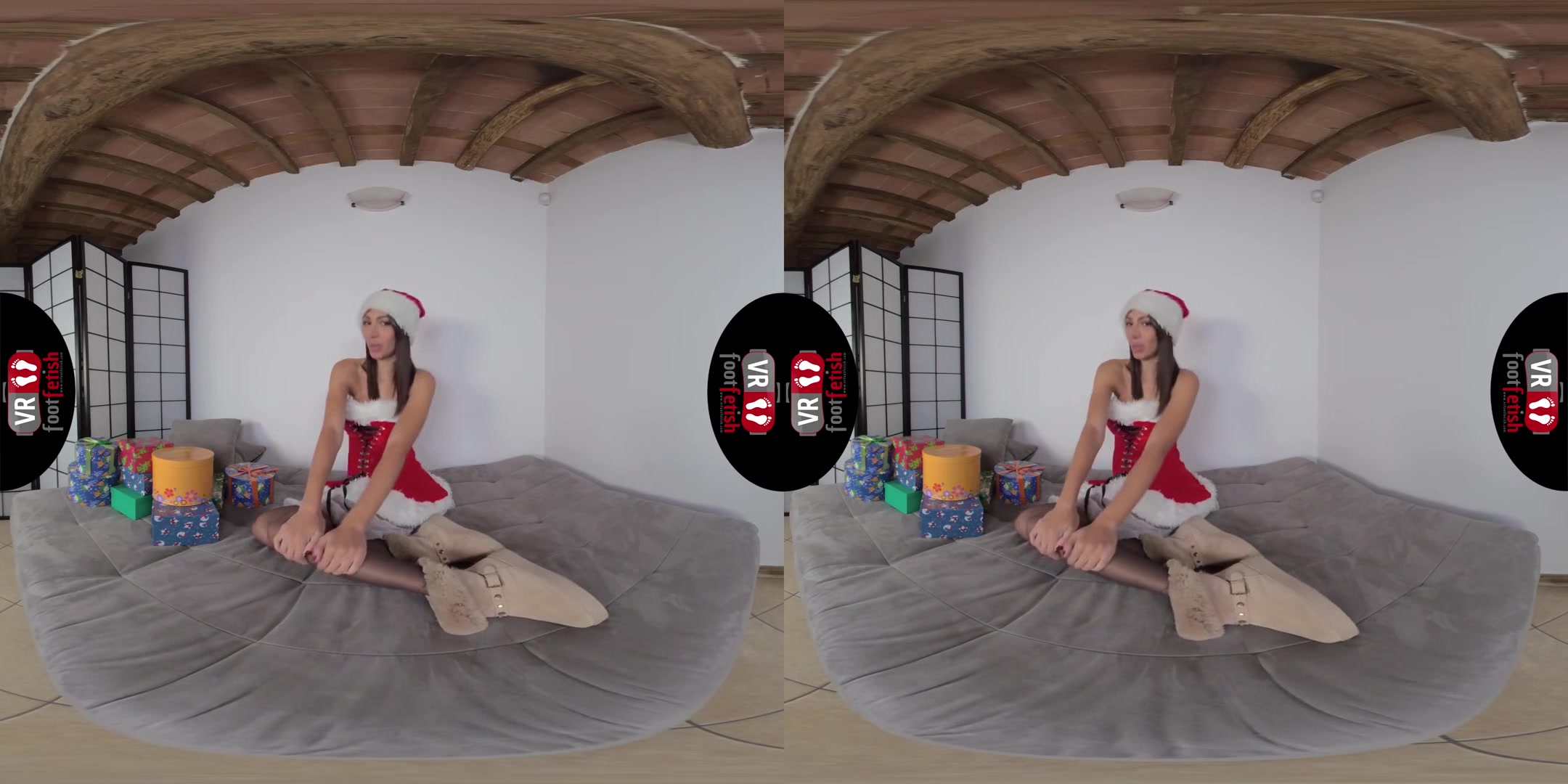 Stunning Daniela flaunts her sexy feet and wishes you Merry Christmas; Stockings Foot Fetish VR