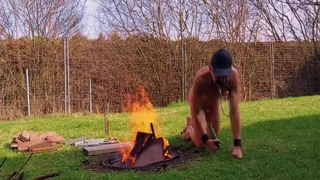 Totally Naked Gay Slave Slut Exposed In Penis Cage Outdoor Cucumber Fuck At The Campfire Bdsm 4 Min