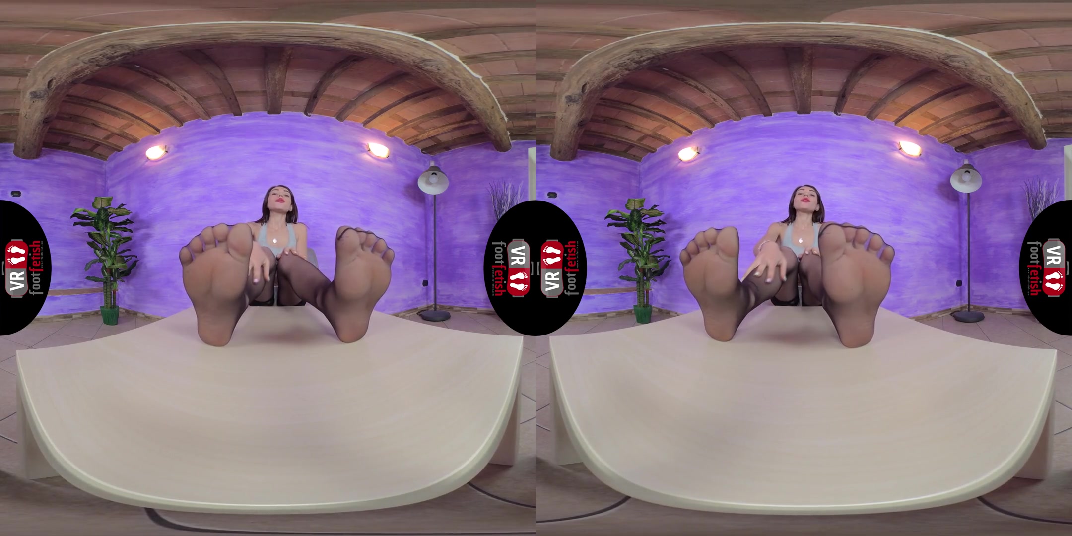 Sexy Brunette Petra Pours Some Oil On Her Nylon-Clad Feet; Foot Fetish VR Solo