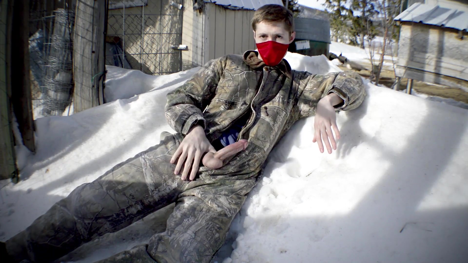 Redneck Country Boy Plays With His Cock Outdoors At The Farm And Shoots His Load On The Snow