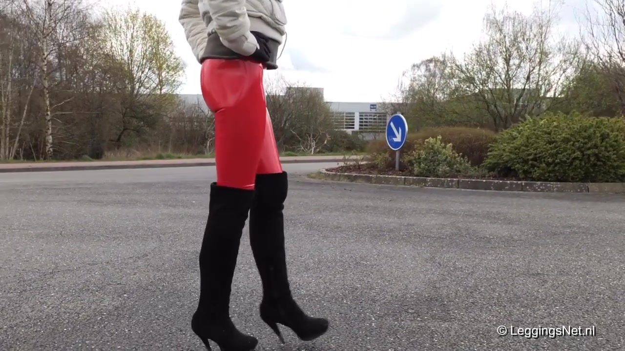 Red Vinyl Leggings And Overknees, 1st Part