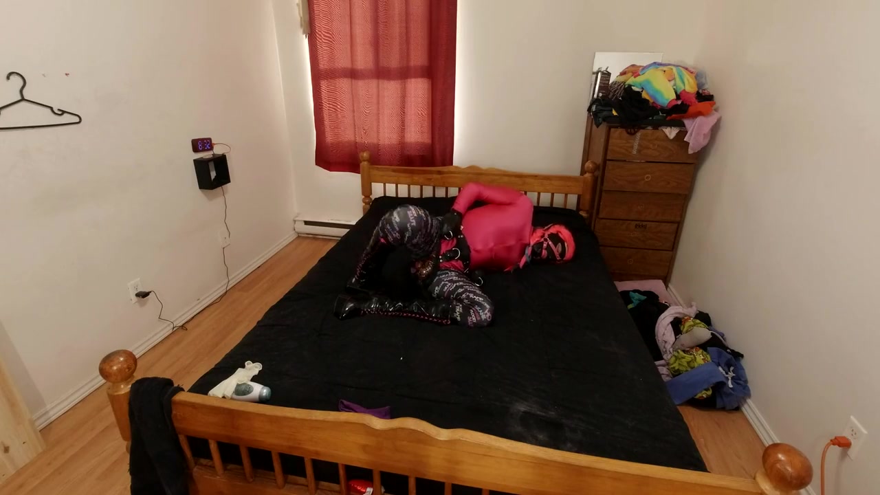 Self Bondage In Leather Fist Mitts Lycra Body Suit Tights Pvc Knee High Boots Gagged In Chastity