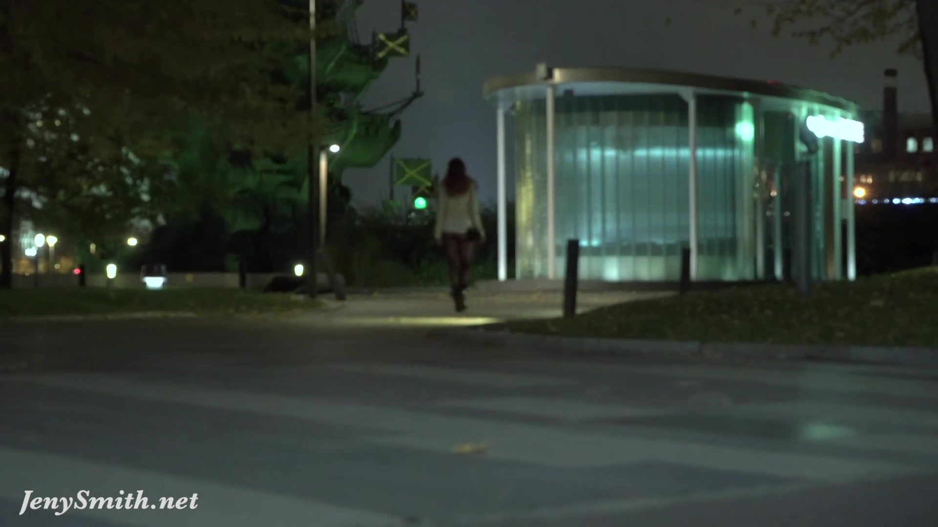 Jeny Smith walks in public in transparent tights without panties