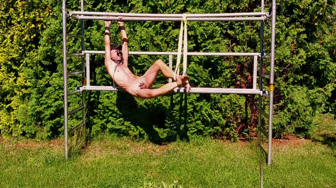 Uncut, Unmasked Slave Exposed Outdoor In Penis Cage Doing Fitness Tied Up Bdsm 4 Min With Solo Boy