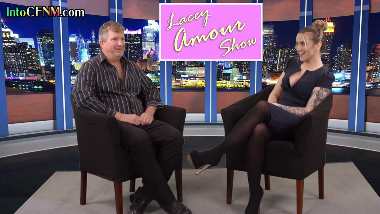 CFNM femdom TV host babe sucks and wanks guests cock