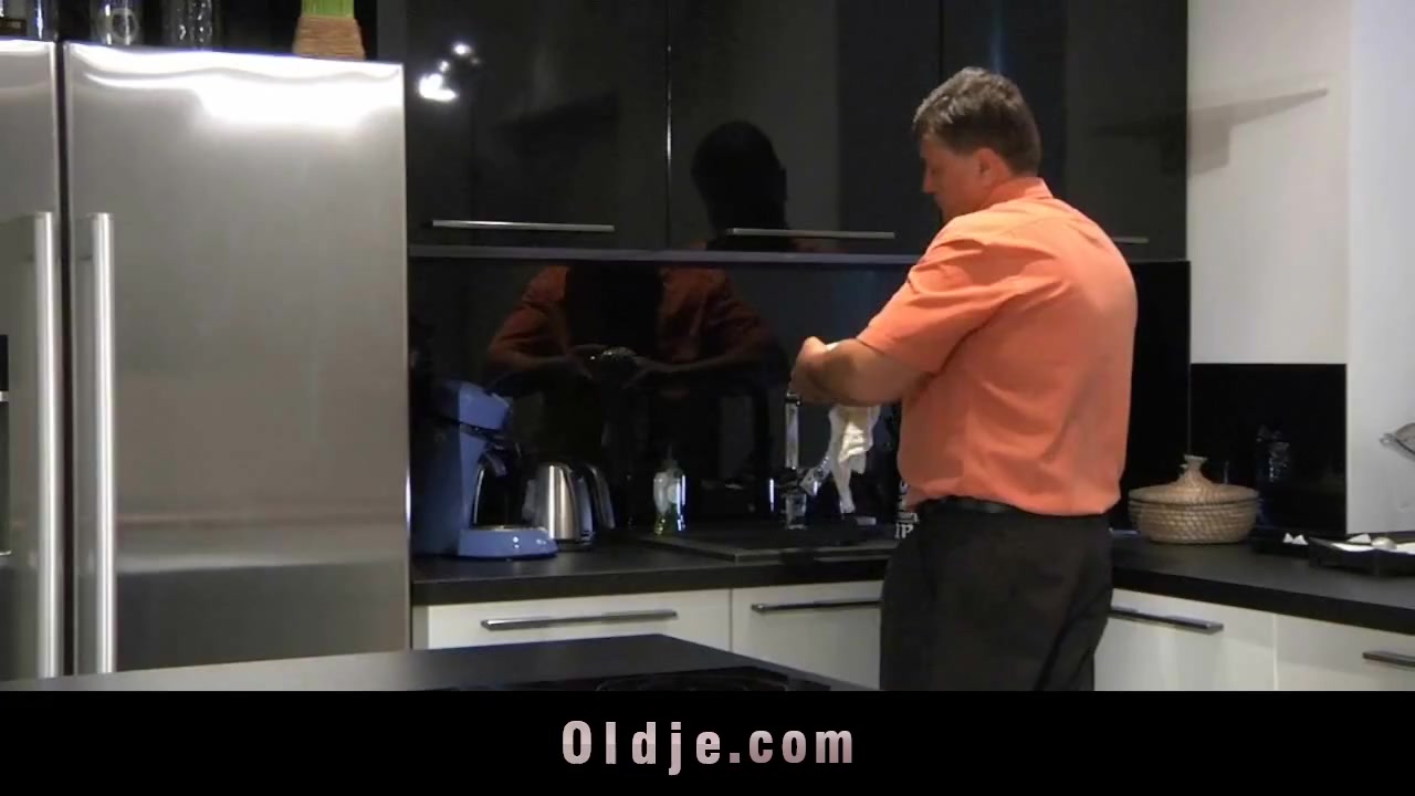 Teeny Leyla Black fucking oldman in the kitchen