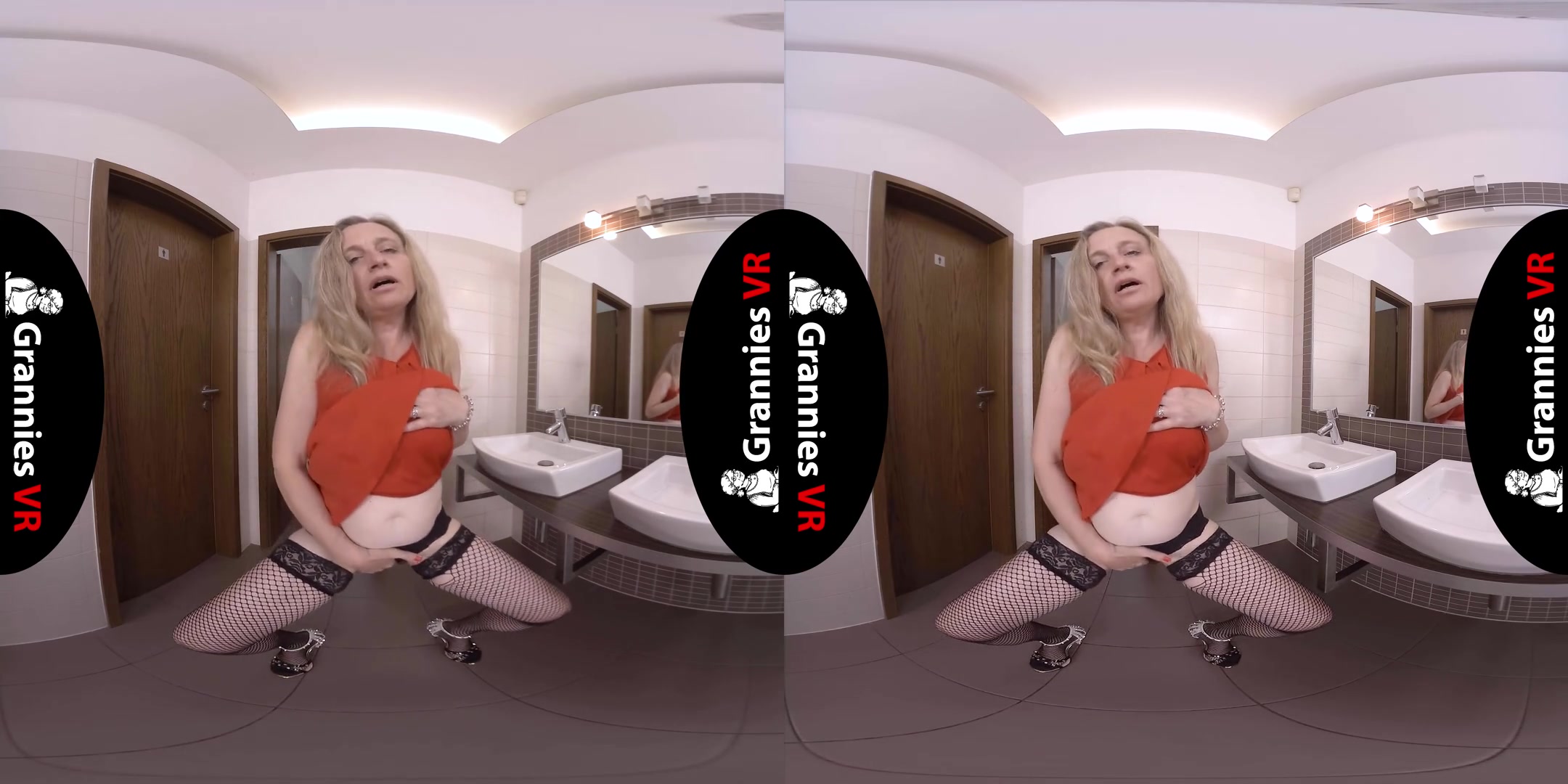 Andrea - Solo in the Toilet; Blonde GILF Masturbating