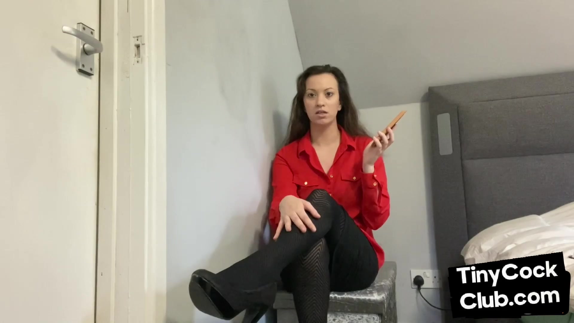SPH domina in leather skirt talks bad to small dick losers
