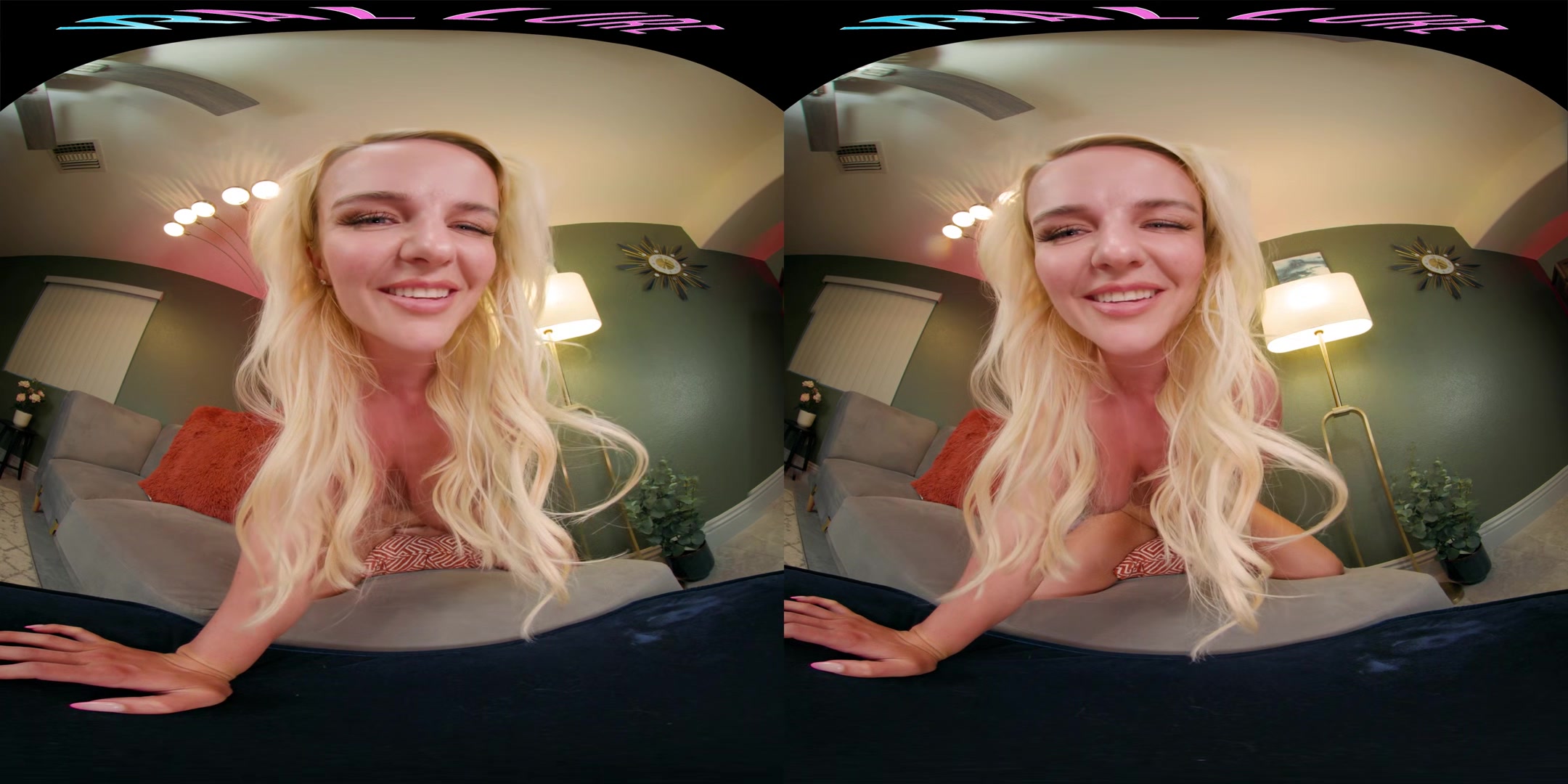 Curvaceous blonde fingers herself and humps a pillow in VR