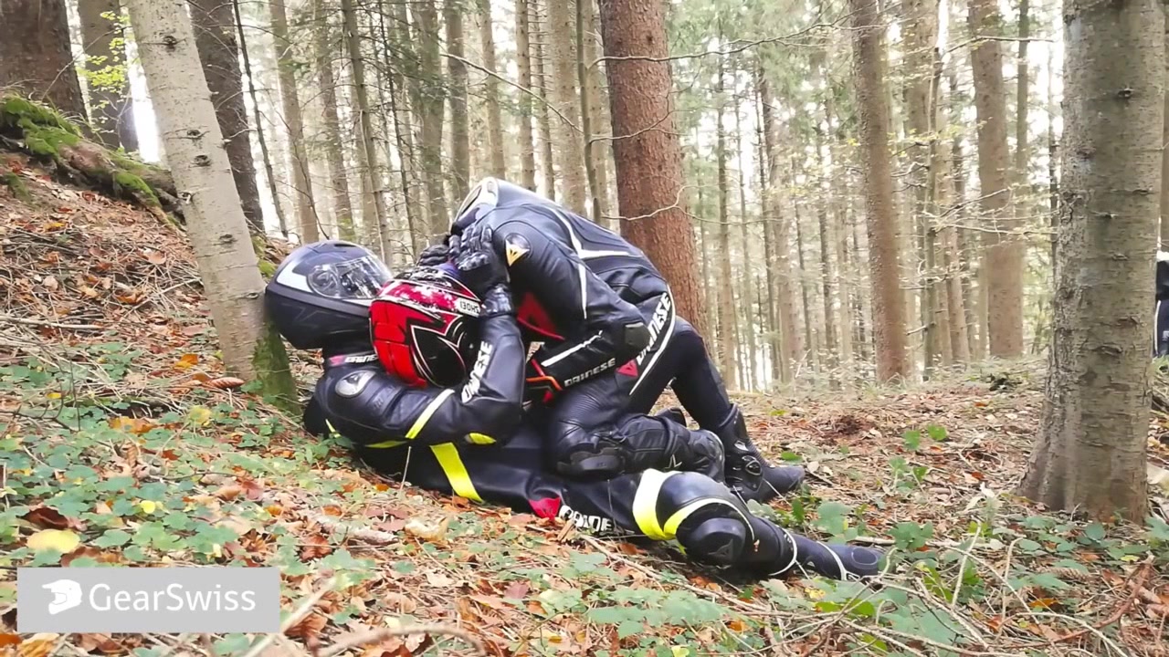 German dainese bikers having fun in the wood