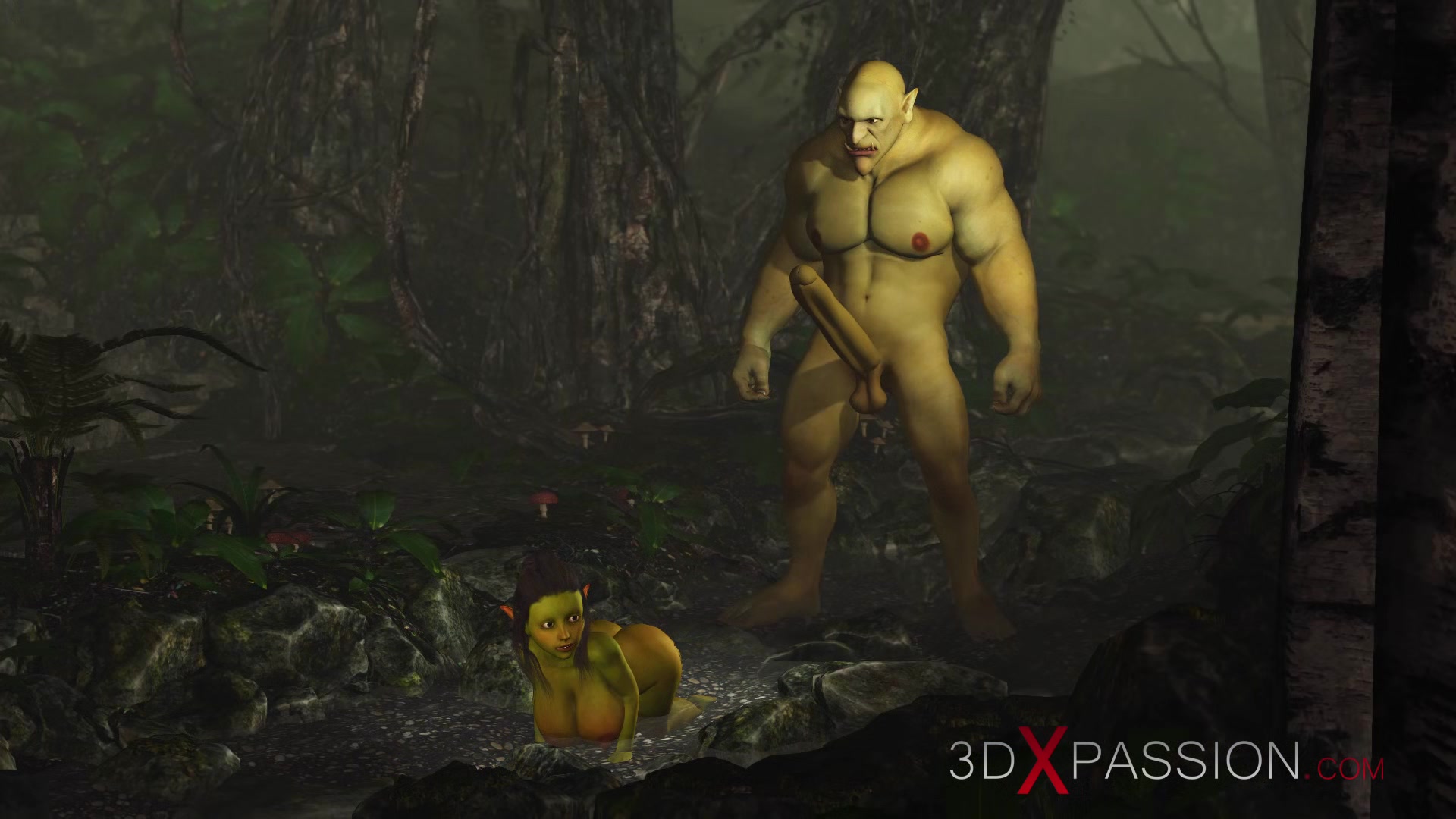 Horny female goblin Arwen and Green monster Ogre in the enchanted forest